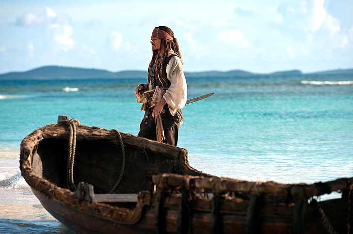 Captain Jack Sparrow, sea, the ocean, boat, Johnny Depp, pirate, Pirates of the Caribbean: On Stranger Tides, Captain Jack Sparrow, HD wallpaper