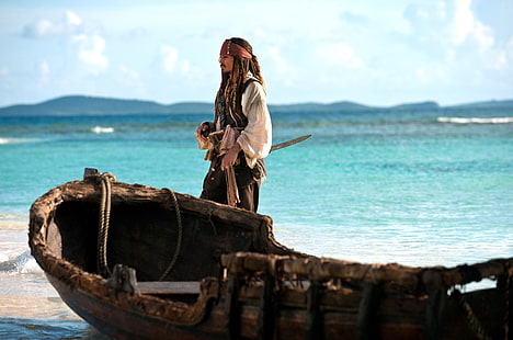 Capitão Jack Sparrow, mar, oceano, barco, Johnny Depp, pirata, Piratas do Caribe: Em marés mais estranhas, Capitão Jack Sparrow, HD papel de parede HD wallpaper