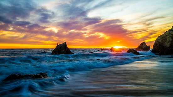 mar, puesta de sol, océano, cielo, ola, horizonte, apuntalar, costa, Malibú, California, playa, rock, Onda de viento, Estados Unidos, agua, cielo naranja, Fondo de pantalla HD HD wallpaper