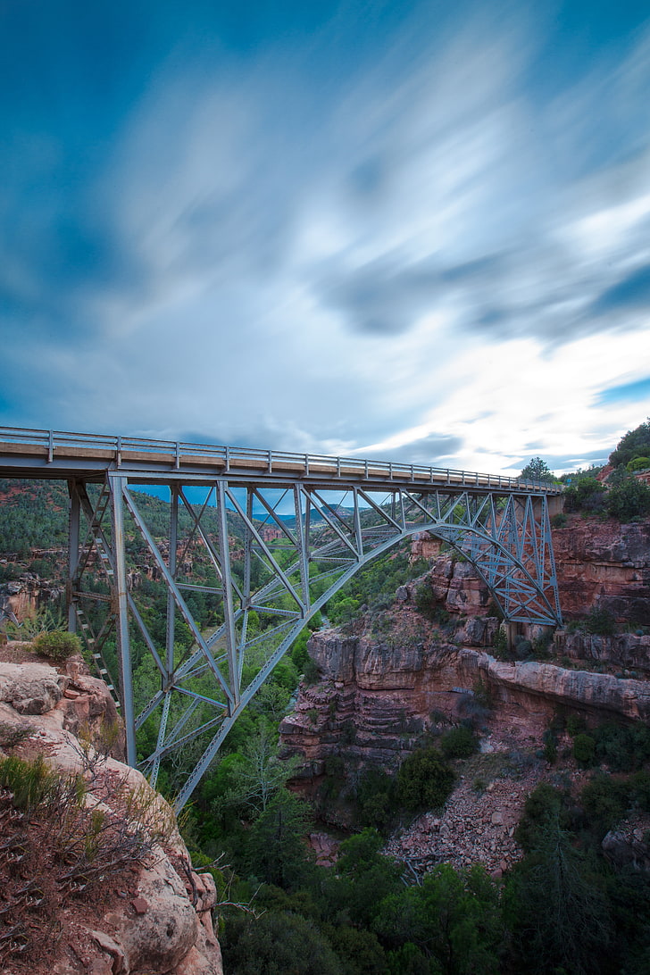 gray suspension bridge, bridge, mountains, rocks, sky, HD wallpaper