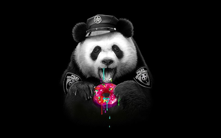 Panda, food, bear, black, creative, sweet, dessert, donut, fantasy, funny, pink, HD wallpaper