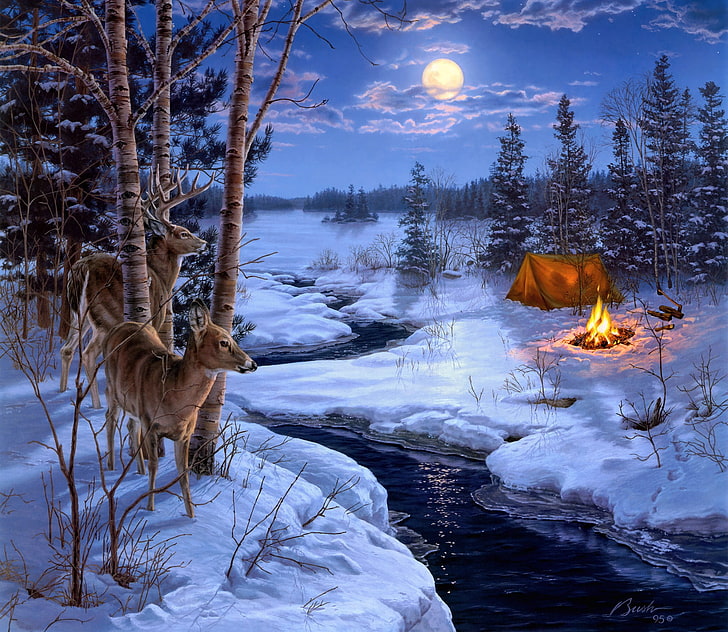 brunt A-ramtält vid snöfält med två hjortar och fullmåne digital tapet, vinter, djur, snö, ström, eld, månen, gran, elden, tält, yxa, målning, rådjur, Darrell Bush, Moon Shadows, HD tapet