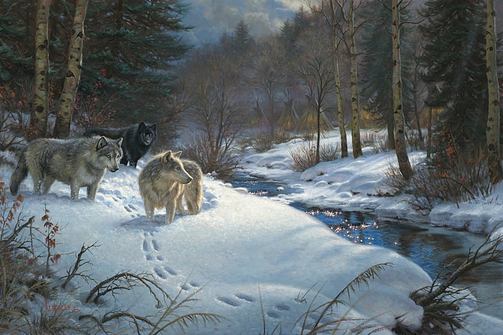 trzy czarne i brązowe wilki, zima, las, zwierzęta, strumień, wieczór, wilki, malarstwo, Mark Keathley, Valley of Shadows, The Yurt, Tapety HD