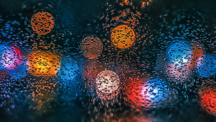 waterdrops, drops, bokeh lights, lights, bokeh, raindrops, rain, glass, car glass, window, photography, colorful, water drop, HD wallpaper