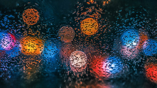 waterdrops, drops, bokeh lights, lights, bokeh, raindrops, rain, glass, car glass, window, photography, colorful, water drop, HD wallpaper HD wallpaper
