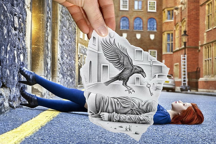 drawings bird futuristic art woman on the road stone walls, HD wallpaper