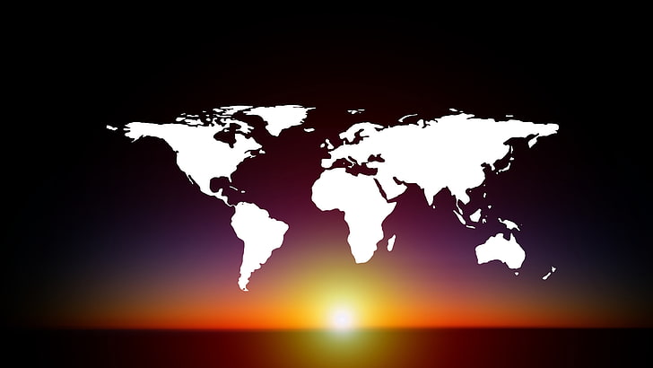слънце, свят, карта, континенти, карта на света, графика, земя, тъмнина, 5k uhd, HD тапет