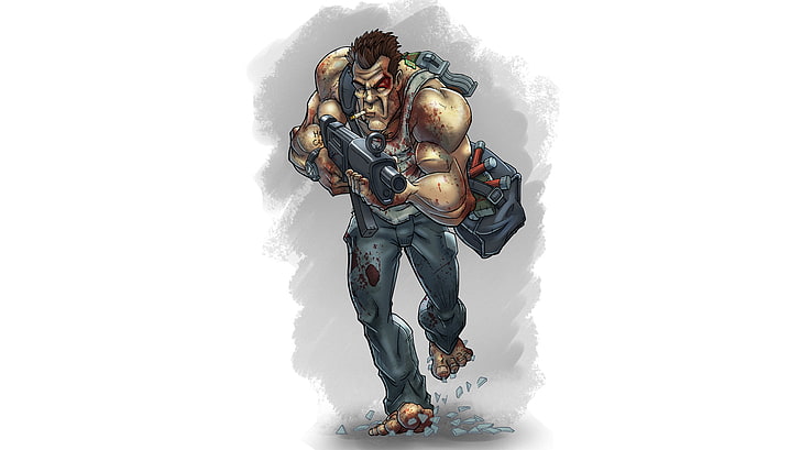 man holding gun digital wallpaper, creative, figure, chase, humor, picture, art, machine, the bandits, pencil, Bruce Willis, painting, equipment, cartoon, The Hard, wallpaper., MP5, to resist to the end, die hard, John McClane, be persistent, friendly, HD wallpaper