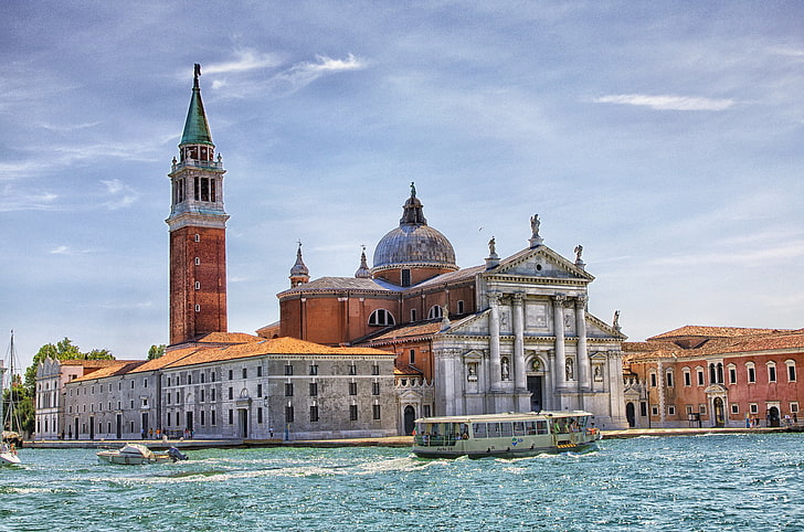 the sky, boat, Italy, Church, Venice, channel, the bell tower, San Giorgio Maggiore, HD wallpaper