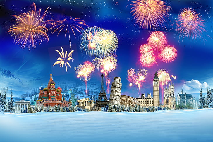 winter, snow, Eiffel tower, salute, the Kremlin, Colosseum, tree, the leaning tower of Pisa, Buckingham Palace, the fireworks, HD wallpaper
