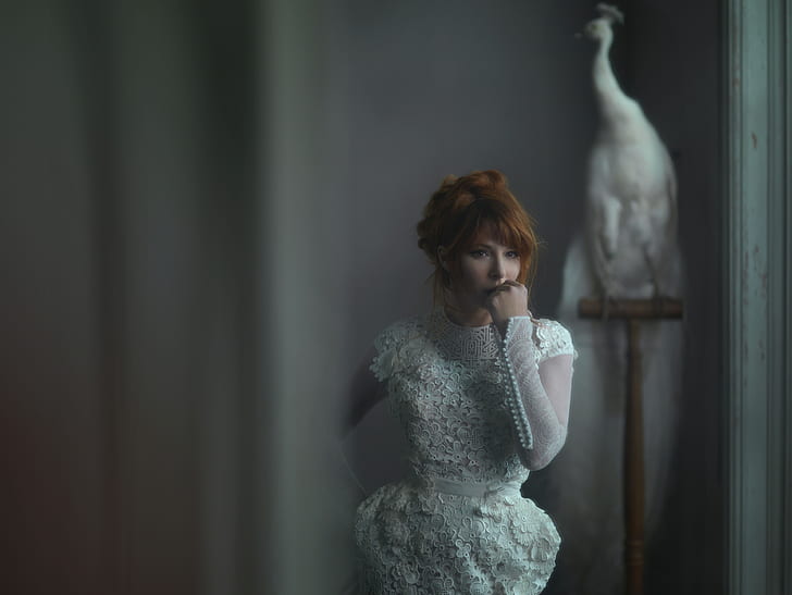 Mylène Farmer, redhead, singer, French, white dress, lace, HD wallpaper