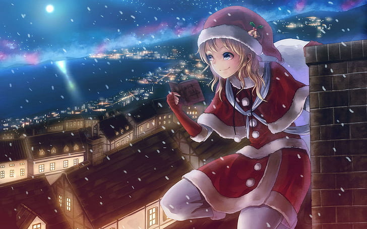 Санта девушка, светлые волосы женский персонаж аниме, аниме, 2560x1600, дед мороз, рождество, женщина, с рождеством, HD обои