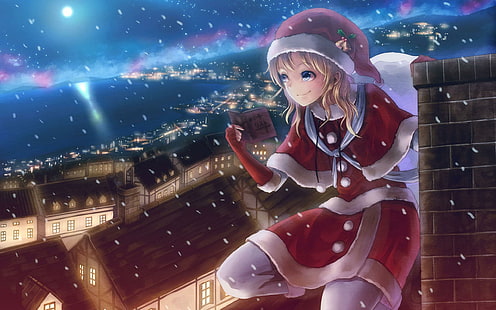 Santa girl, blonde hair female anime character, anime, 2560x1600, santa claus, christmas, woman, merry christmas, HD wallpaper HD wallpaper