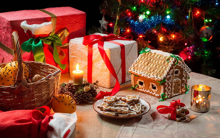 휴일, 크리스마스, 케이크, 촛불, 쿠키, 장식, 선물, 하우스, HD 배경 화면