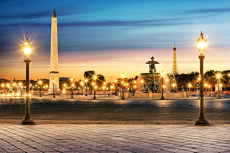 szara ulica pocztowa, miasto, ludzie, Francja, Paryż, wieczór, oświetlenie, światła, fontanna, wieża Eiffla, La tour Eiffel, miejsce de La Concorde, Concorde, obelisk, obelisk w Luksorze, Place de la Concorde, Tapety HD HD wallpaper
