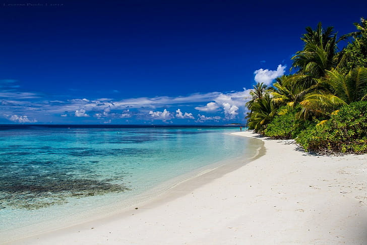 природа, пляж, белый, песок, пейзаж, остров, море, тропический, синий, небо, облака, рай, HD обои
