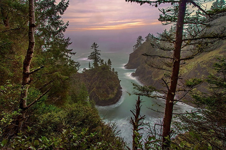 clouds, Coast, Coves, forest, Hills, landscape, nature, Oregon, photography, rocks, sea, sunset, HD wallpaper