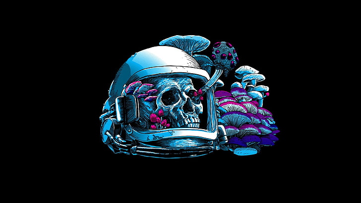 skull with helm illustration, artwork, astronaut, skull, mushroom, helmet, cyan, dark, black background, HD wallpaper