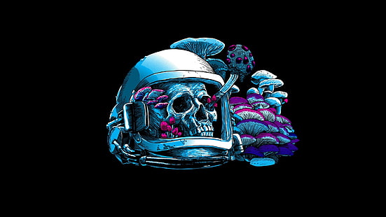 crânio com ilustração de leme, trabalho artístico, astronauta, crânio, cogumelo, capacete, ciano, escuro, fundo preto, HD papel de parede HD wallpaper