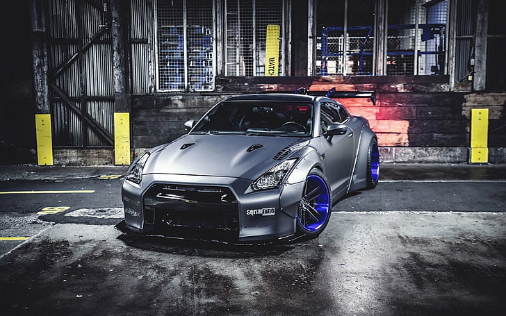 Nissan GTR Liberty Walk Front View, szare coupe, Nissan GTR, Tapety HD