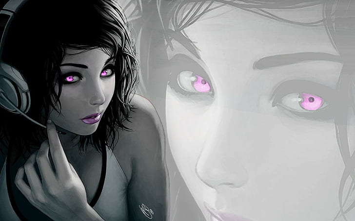 アニメの女の子、紫色の目、ヘッドフォン、アニメの女の子、紫色の目、ヘッドフォン、 HDデスクトップの壁紙