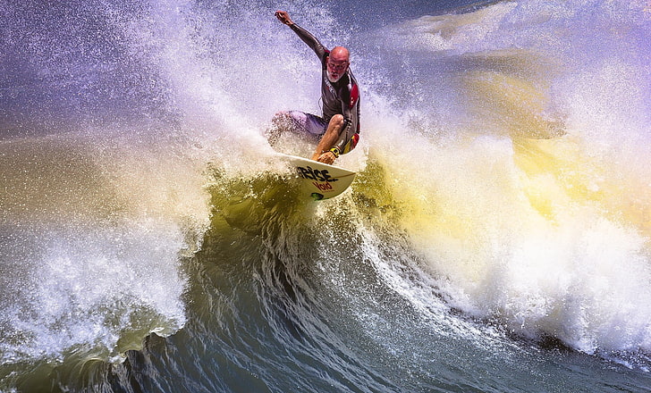 white surfboard, surfer, wave, trick, HD wallpaper