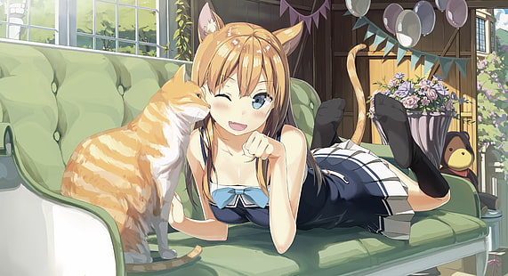 tail, animal ears, black stockings, blue eyes, cat, blonde, anime girls, HD wallpaper HD wallpaper