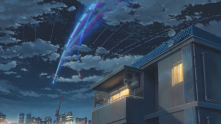 Ilustración de la casa azul y gris, Makoto Shinkai, Kimi no Na Wa, anime, Fondo de pantalla HD