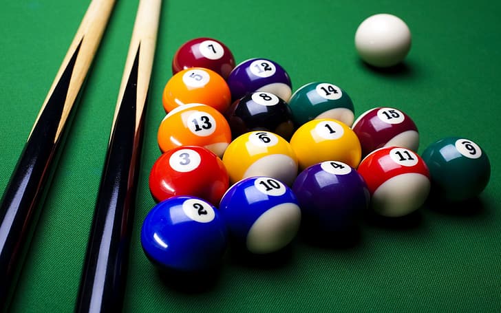 ball, billiards, billiard balls, pool balls, pool table, queue, sport, depth of field, 8-ball, HD wallpaper
