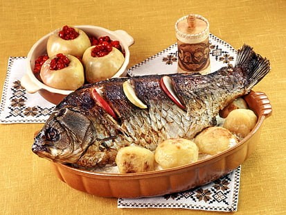 prato de peixe frito, peixe, batatas, comida, jantar, HD papel de parede HD wallpaper