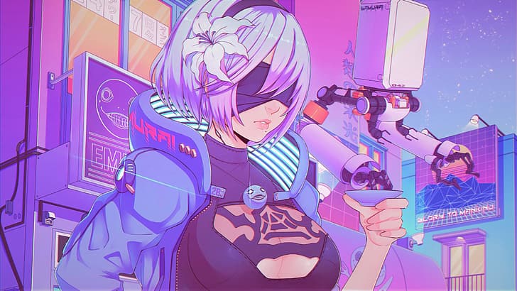 Anime, Anime Girls, Nier: Automata, 2B (Nier: Automata), Cyberpunk, kurzes Haar, blond, Cyberpunk 2077, Haarspange, Roboter, Retrowave, HD-Hintergrundbild