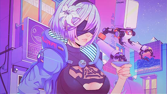 Anime, Anime Girls, Nier: Automata, 2B (Nier: Automata), Cyberpunk, kurzes Haar, blond, Cyberpunk 2077, Haarspange, Roboter, Retrowave, HD-Hintergrundbild HD wallpaper
