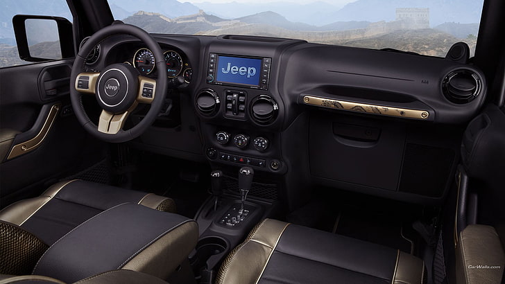 black Jeep steering wheel, Jeep Wrangler, car interior, Jeep, car, vehicle, HD wallpaper