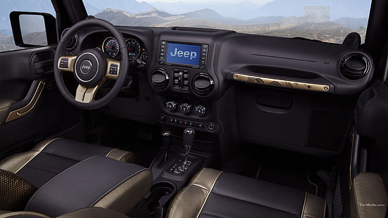 черный джип, руль, Jeep Wrangler, салон автомобиля, Jeep, автомобиль, автомобиль, HD обои HD wallpaper