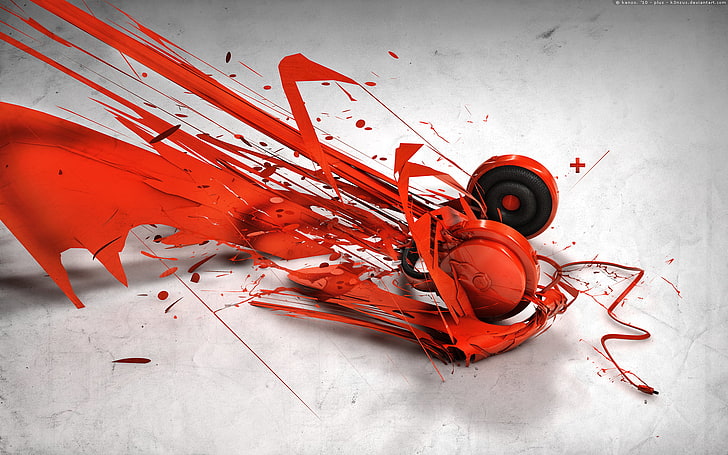 fones de ouvido vermelhos com tinta, papel de parede, música, fones de ouvido, vermelho, arte digital, HD papel de parede