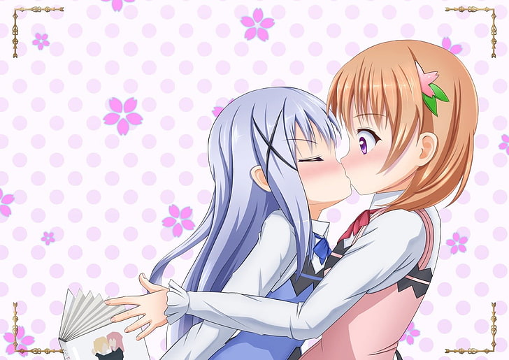two girls kissing anime wallpaper, anime, anime girls, Gochuumon wa Usagi Desu ka?, Sakura Trick, Hoto Kokoa, Kafuu Chino, loli, waitress, kissing, HD wallpaper