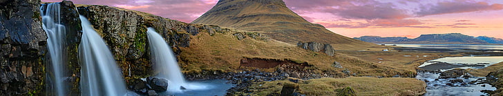 meja kayu coklat dan hitam, Islandia, Eropa, panorama, air terjun, bukit, gunung, rumput, air, batu, langit, Wallpaper HD