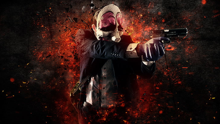 człowiek z pistoletem ilustracja, pistolet, tło, broń, pieniądze, maska, wypłata: napad, gra wideo, oprogramowanie overkill, napad na bank, Hoxton, Colt M1911, Tapety HD
