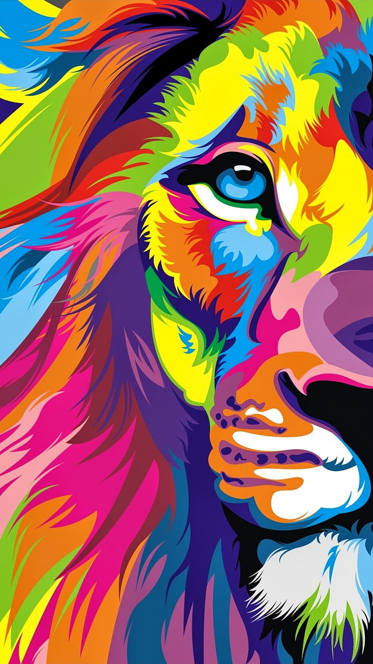 Картини на краля на звярите, многоцветен тапет лъв, животни, лъв, животно, живопис, HD тапет, тапет за телефон