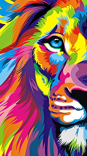 Картини на краля на звярите, многоцветен тапет лъв, животни, лъв, животно, живопис, HD тапет HD wallpaper