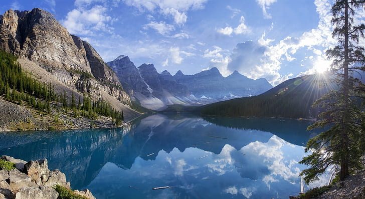 природа, пейзаж, озеро, моренное озеро, канада, горы, лес, лето, вода, отражение, деревья, HD обои