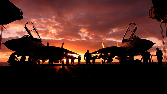 aircraft, aviation, carriers, f 14, sunset, tomcat, HD wallpaper HD wallpaper