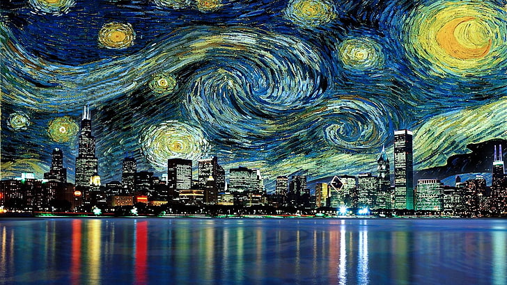 cityscape and starry night painting, A Starry Night by Vincent Van Gogh, cityscape, skyscraper, reflection, painting, Vincent van Gogh, movies, water, Chicago, The Starry Night, artwork, lights, HD wallpaper