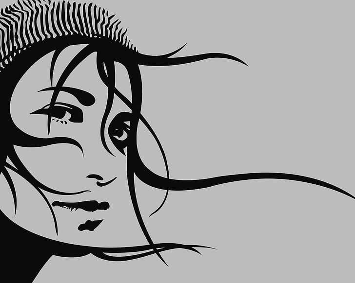 carta da parati digitale di arte vettoriale viso di donna, ragazza, capelli, nero, vettoriale, Sfondo HD