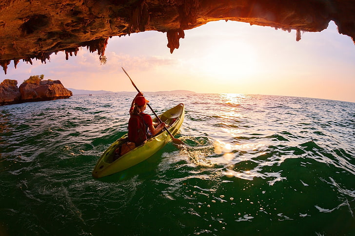 Kayaks, sea, water, women, HD wallpaper