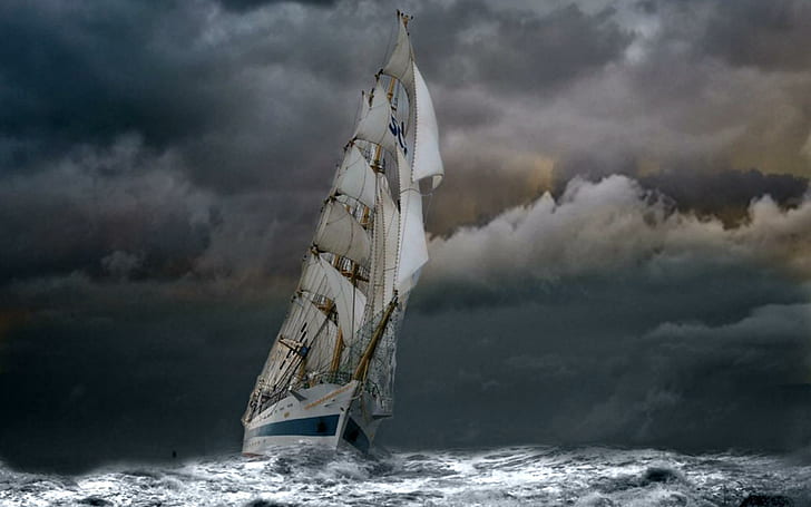 Stormy Weather, clipper, sail, waves, stormy, HD wallpaper