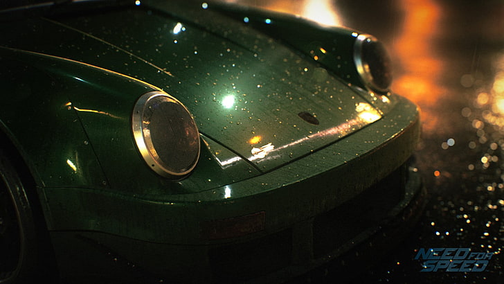 зелен суперавтомобил с водни капки, Need for Speed, състезания, видео игри, кола, жаба, Porsche, HD тапет