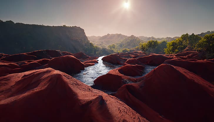 red, canyon, trees, valley, landscape, render, artwork, AI, river, HD wallpaper