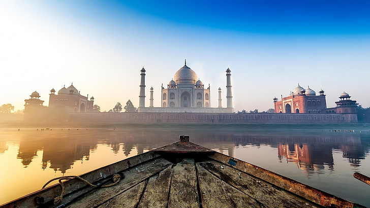 Taj Mahal, India, Taj Mahal, boat, water, sunlight, HD wallpaper