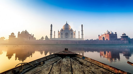 Taj Mahal, India, Taj Mahal, barca, acqua, luce solare, Sfondo HD HD wallpaper